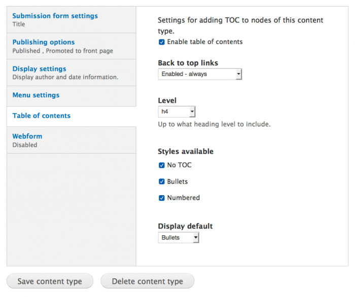 Options per content type